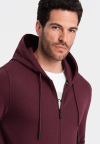 Bordeaux zip-up hoodie met een drawstring capuchon, met een gladde textuur, zwarte ritsdetails, en gedragen over een witte T-shirt.