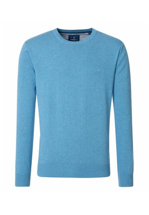 Hellblauer Pullover mit langen Ärmeln, geripptem Rundhalsausschnitt und Bündchen. Hergestellt aus weichem Stoff, mit einem kleinen gestickten Logo auf der Brust.