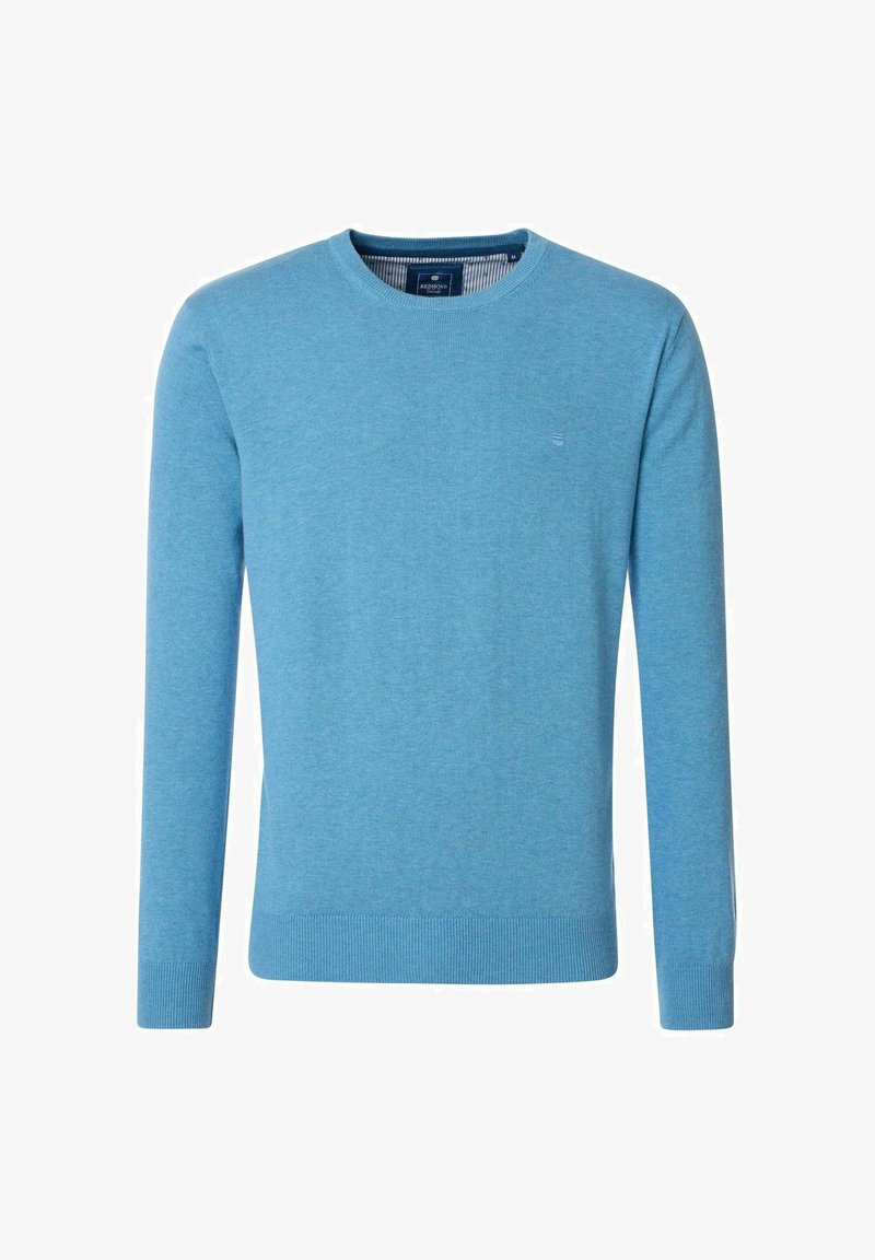 Hellblauer Pullover mit langen Ärmeln, geripptem Rundhalsausschnitt und Bündchen. Hergestellt aus weichem Stoff, mit einem kleinen gestickten Logo auf der Brust.