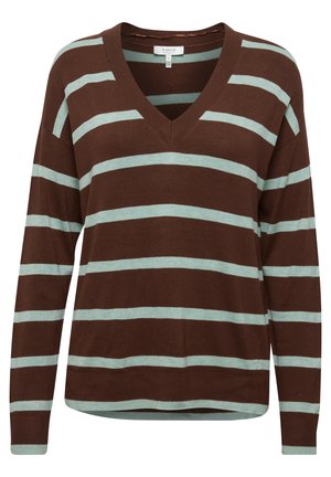 Chandail marron avec des rayures horizontales bleu clair, décolleté en V, manches longues et texture douce. Présente un col et des poignets côtelés.