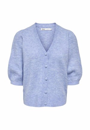 Cardigan bleu clair à manches courtes avec épaules rembourrées, boutons ronds recouverts de tissu sur le devant, et ourlet et poignets côtelés.