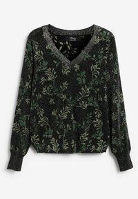 Maglione nero a maniche lunghe con scollo a V, decorato con motivi floreali verdi e sottili fili metallici. Polsini e scollo a coste.