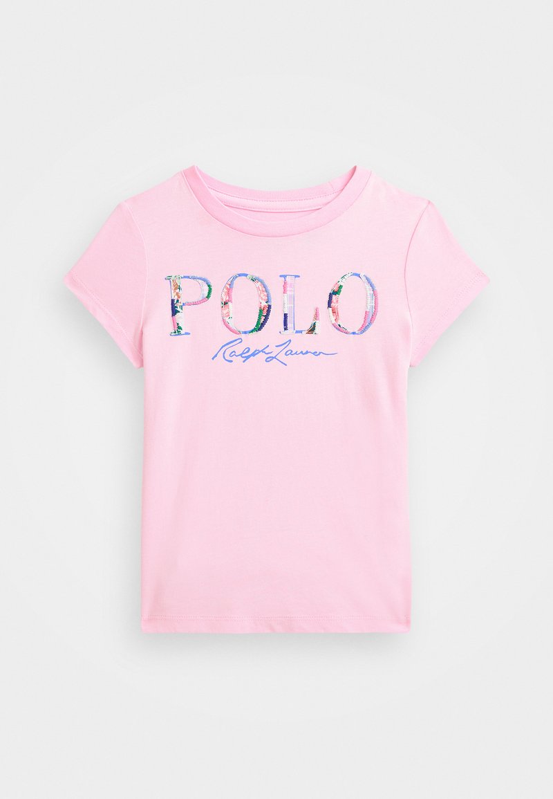 Rosa bomull T-skjorte med korte ermer, med flerfarget "POLO" tekst og kursiv "Ralph Lauren" logo. Glatt tekstur, standard passform.