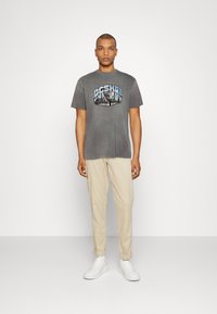 Gray cotton t-shirt featuring a colorful graphic design. Paired with light beige trousers and white sneakers. Smooth texture, round neckline.