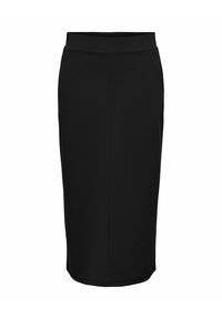 Zwarte kokerrok van een gladde, elastische stof; heeft een aangesloten silhouette, brede tailleband en geen extra versieringen.