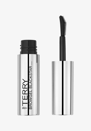 Silver cylindrical packaging with a black lid. Includes a sleek wand with a comb attachment for precise application of brow gel.