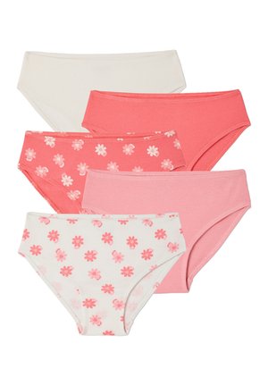 Fünf gerippte Baumwoll-Damenslips in Weiß, Koralle, Hellrosa, Koralle mit weißen Blumen und Weiß mit korallenfarbenen Blumen, fächerförmig angeordnet.