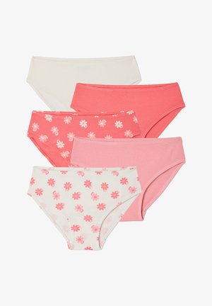 Five women's ribbed cotton briefs in white, coral, light pink, coral with white flowers, and white with coral flowers, arranged in a fan shape.