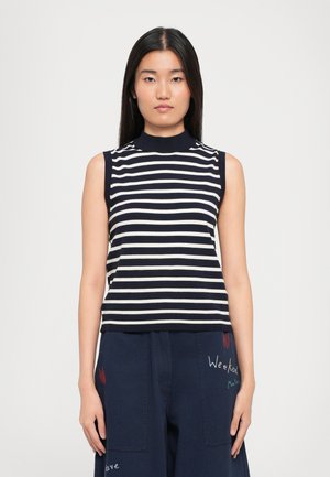 Navy and white striped sleeveless top with a high neck. Made of ribbed material, featuring a fitted design and a cropped hem.