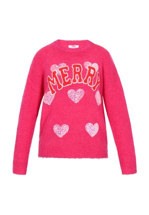 Felgekleurde roze trui met lange mouwen, voorzien van de tekst "MERRY" in het wit en zes hartvormen in verschillende tinten met glitters. Zachte textuur.