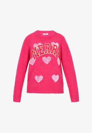 Felgekleurde roze trui met lange mouwen, voorzien van de tekst "MERRY" in het wit en zes hartvormen in verschillende tinten met glitters. Zachte textuur.