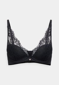 Melns mežģīņu krūšturis ar stīpiņām, kas izceļ izsmalcinātas ziedu rakstus, caurspīdīgas daļas un nelielu metālisku logotipu centrā. Regulējamas lencītes.