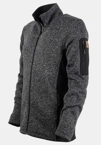 Grijze fleece jas met een hoge kraag, zwarte accenten, een ritszak op de borst en zijzakken. Kenmerkt zich door een gestructureerde, zachte stof.