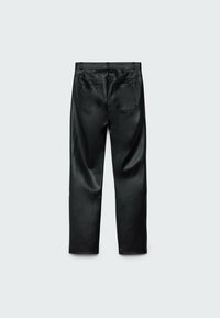 Zwarte leren broek met een gladde textuur, recht gesneden pijpen en twee achterzakken. De tailleband is eenvoudig en heeft riemlussen.