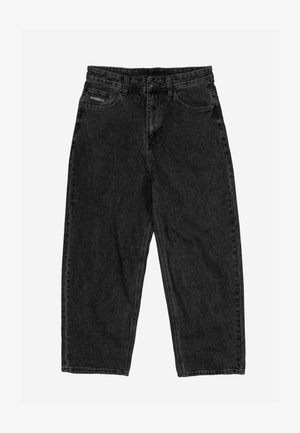 Μαύρο denim τζιν με ψηλή μέση και χαλαρή εφαρμογή, πέντε τσέπες, θηλιές για ζώνη, κλείσιμο με κουμπί και το κέντημα "WASTED" στην δεξιά εμπρόσθια τσέπη.