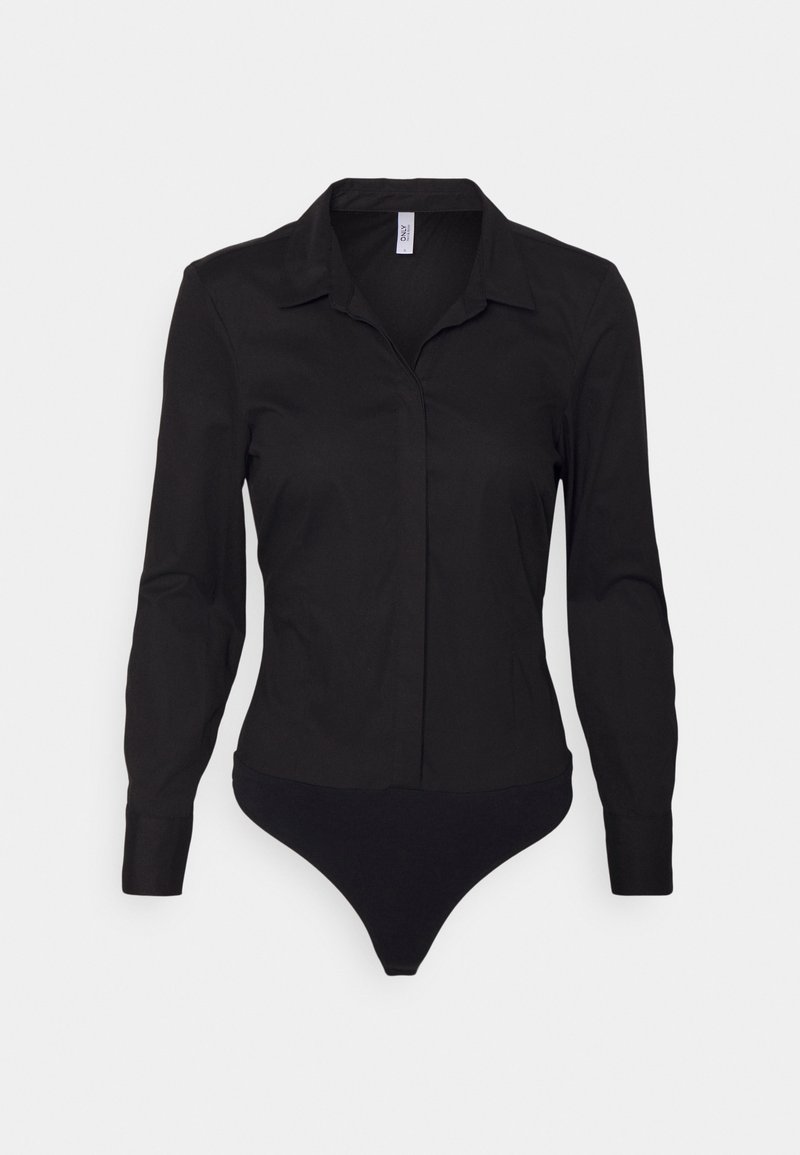 Czarny bodysuit z długim rękawem, z kołnierzykiem, zapięciem na guziki i elastycznym dołem. Gładka tkanina z dopasowanym krojem.