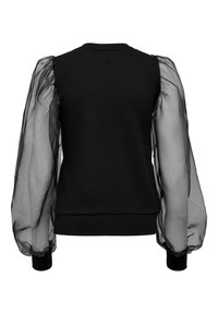 Sweat-shirt noir avec manches transparentes et bouffantes ; corps en tissu doux avec poignets élastiques. Encolure ronde simple et design avec ourlet ajusté.