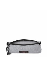 Gray fabric pencil case with a zip closure, textured surface, black accents, and a logo patch. Compact, rectangular shape with a sturdy design.