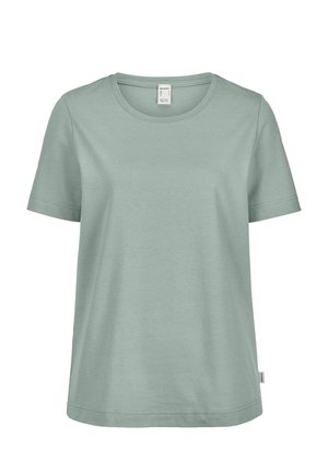 Einfarbiges hellgrünes Baumwoll-T-Shirt mit kurzen Ärmeln, Rundhalsausschnitt und kleinem Seitenschild, auf weißem Hintergrund dargestellt.