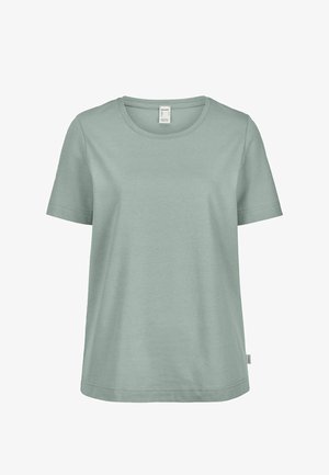 Einfarbiges hellgrünes Baumwoll-T-Shirt mit kurzen Ärmeln, Rundhalsausschnitt und kleinem Seitenschild, auf weißem Hintergrund dargestellt.