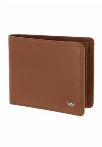 Braune Leder-Bifold-Geldbörse mit sichtbaren Nähten und kleinem silbernem Logo in der unteren rechten Ecke vor weißem Hintergrund.