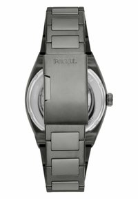 Fossil armbåndsur med et mørkegråt metalarmbånd, der har integrerede led og en poleret spænde. Minimalistisk design med en glas bagkasse.