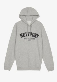 Grå sweatshirt med huva, framfickor och svart grafik "NEWPORT GREAT HARBOUR 1990". Tillverkad av mjukt, texturerat tyg.