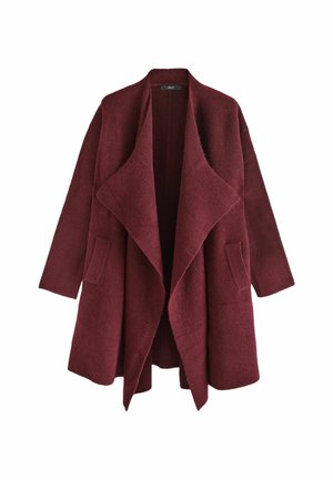 Burgunderfarbener oversized Wollmantel mit einem drapierten Kragen, langen Ärmeln und zwei seitlichen Taschen. Weiche Textur, offenfrontiges Design, keine Verschlüsse.