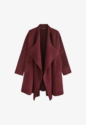 Bordowy, oversize wełniany płaszcz z odstającym kołnierzem, długimi rękawami i dwiema bocznymi kieszeniami. Miękka tekstura, otwarty przód, bez zapięć.