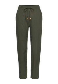 Olijfgroene, lichte broeken met een elastische tailleband, trekkoorddetail en taps toelopende pijpen. Beschikbaar met zijzakken en een gladde textuur.