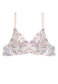 Lightly padded bra featuring soft floral embroidery in lavender and mint on a pale background. Adjustable straps with scalloped lace edges.