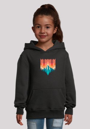 Black hoodie featuring a colorful mountain range graphic in orange, pink, and teal, with a front pocket and ribbed cuffs.