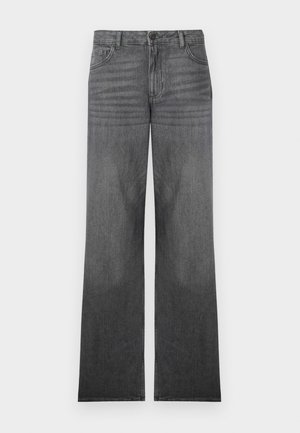 Grå denim vide ben jeans med middels vask, med fem-lomme design, front knapp-lukking og subtile sømdetaljer.