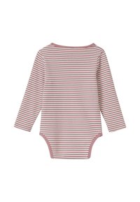 Langärmliger Baby-Body mit Rundhalsausschnitt, der rosa-weiße horizontale Streifen aufweist, aus weicher Baumwolle gefertigt und mit Druckknöpfen am Boden.