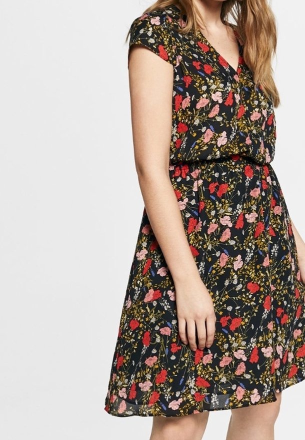 Květinové šaty z černé látky s červenými a růžovými květy a zelenými listy. Mají krátké rukávy, výstřih do V a vytažený pas.