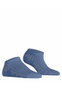 Blauwe enkel sokken met een gestructureerd ontwerp en gouden cirkelpatronen. Zacht materiaal met een naadloze teenconstructie voor comfort.