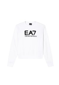 Sudadera blanca de manga larga, con cuello redondo, que presenta un logo de lentejuelas negras "EA7 EMPORIO ARMANI" en la parte frontal, con puños y dobladillo acanalados.