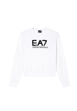 Felpa bianca con maniche lunghe, collo rotondo, caratterizzata da un logo in paillettes nere "EA7 EMPORIO ARMANI" sul fronte, polsini e orlo a costine.