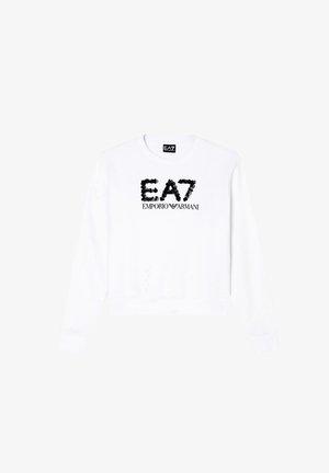 Sudadera blanca de manga larga, con cuello redondo, que presenta un logo de lentejuelas negras "EA7 EMPORIO ARMANI" en la parte frontal, con puños y dobladillo acanalados.