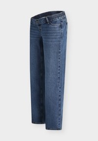 Mellomblå straight-leg denimjeans med klassisk design med fem lommer og knappelukking, vist på hvit bakgrunn.