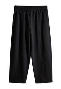 Pantaloni neri con vita elastica e vestibilità ampia. Realizzati in materiale morbido, caratterizzati da dettagli plissettati e lunghezza corta. Nessuna tasca visibile.