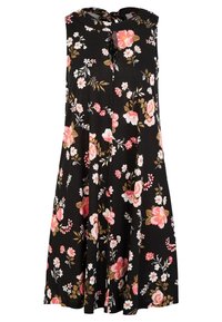 Ärmelloses Blumenkleid aus schwarzem Stoff mit rosa und weißen Blumen, runder Halsauschnitt und einer Schlüsselloch-Rückenverschluss mit Bindegürtel.