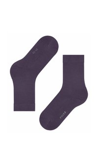 Calze a collo alto viola realizzate in un morbido e liscio tessuto, con puntale e tallone rinforzati. Presentano una fascia a costine e un logo stampato sul lato.
