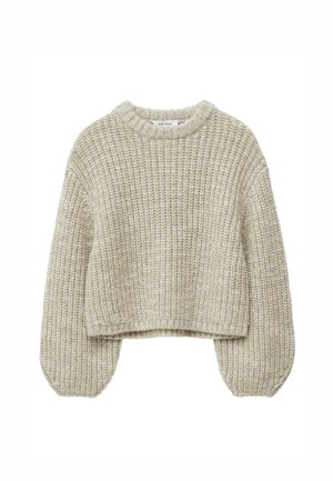 Beiger, kurzer Pullover aus strukturiertem Strickstoff. Mit rundem Halsausschnitt und Ballonärmel, sowie gerippten Bündchen und Saum.