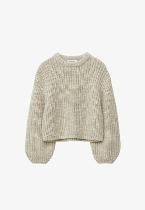 Beige cropped sweater made of textured knit fabric. Features a round neckline and balloon sleeves, with ribbed cuffs and hem.