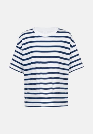 Gestreept T-shirt gemaakt van katoen, met horizontale marineblauwe en witte strepen, korte mouwen en een ronde halslijn. Regular fit.
