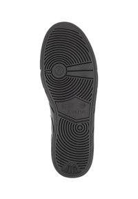 Semelle de chaussure en caoutchouc noir avec des motifs de bande de roulement circulaires et linéaires. Présente un branding en relief et des indications de taille dans un design minimaliste.