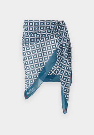 Blauw-witte sarong met geometrisch patroon, zij knoop en Max Mara Beachwear-logo in één hoek.