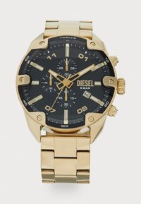 Orologio in acciaio inossidabile dorato con quadrante nero, caratteristiche cronografiche, indicatori delle ore prominenti e design a bracciale a maglie. Resistenza all'acqua fino a 5 bar.