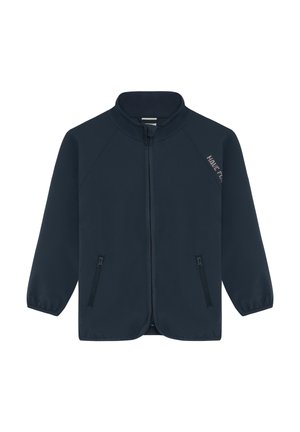 Granatowa kurtka z miękkiego materiału z wysokim kołnierzem, zamkiem z przodu i dwoma bocznymi kieszeniami. Z napisem "HAVE FUN" z jednej strony.